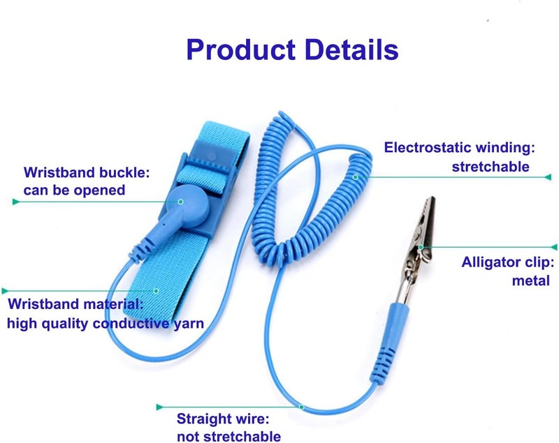 Zoolfix 10 Pack ESD Wrist Strap with Grounding Plug, Adjustable Coiled Cord (Blue) - Image 3